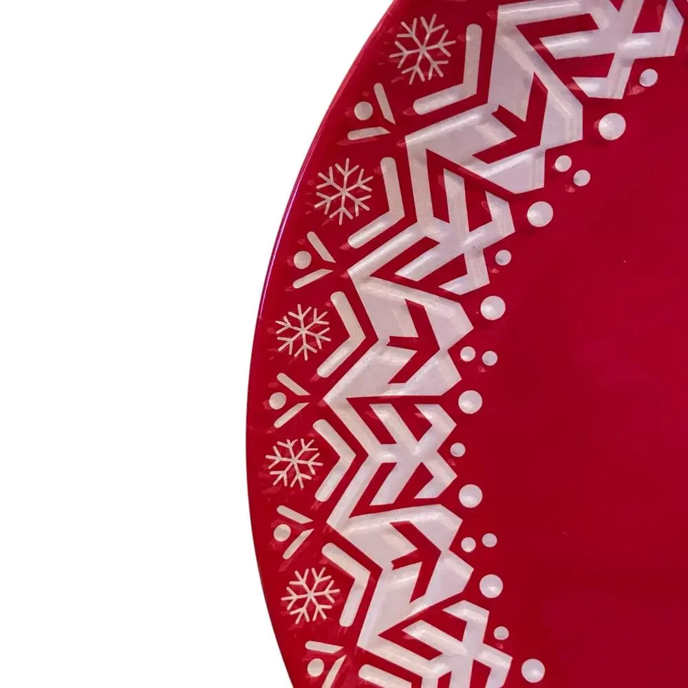Holiday Red & White Melamine 11in Dinner Plates Set of 4 Christmas Snow New